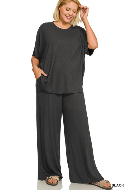 Black Ribbed Rayon Plus Pants Set