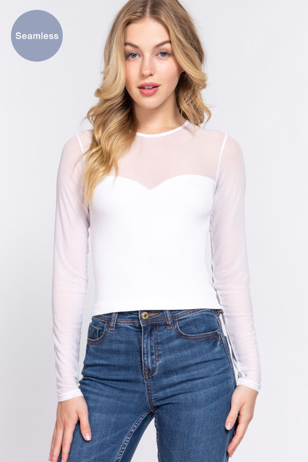 White Long-sleeve Seamless Mesh Top
