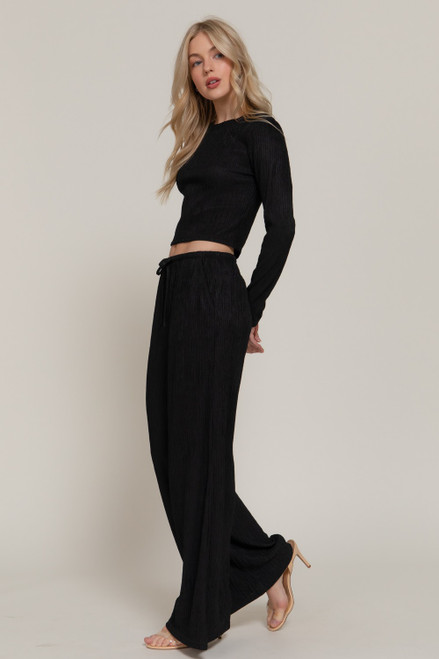 Black Ribbed Top & Wide Leg Pants Set