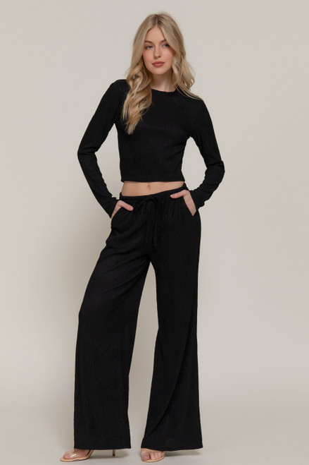 Black Ribbed Top & Wide Leg Pants Set
