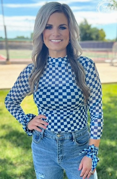 Pep Rally Blue Checkered Mesh Top