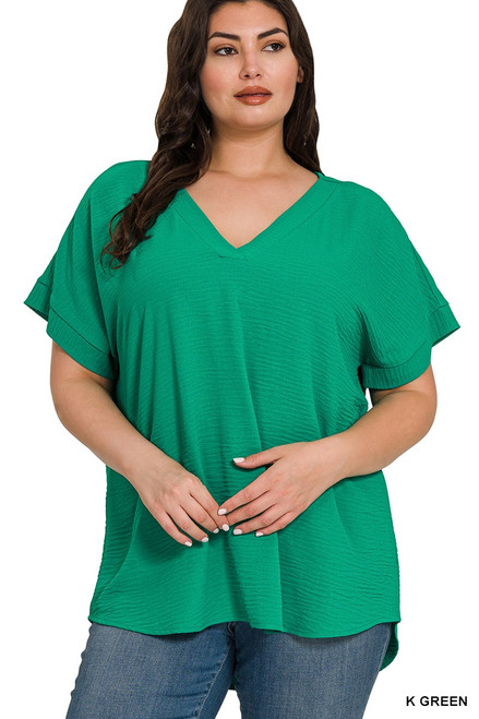 Kelly Green Split Neck Woven Plus Top