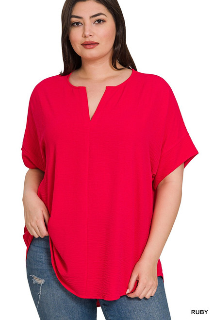 Ruby Red Split Neck Woven Plus Top