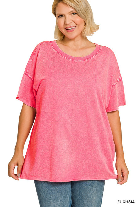 Fuchsia Acid Wash French Terry Plus Top