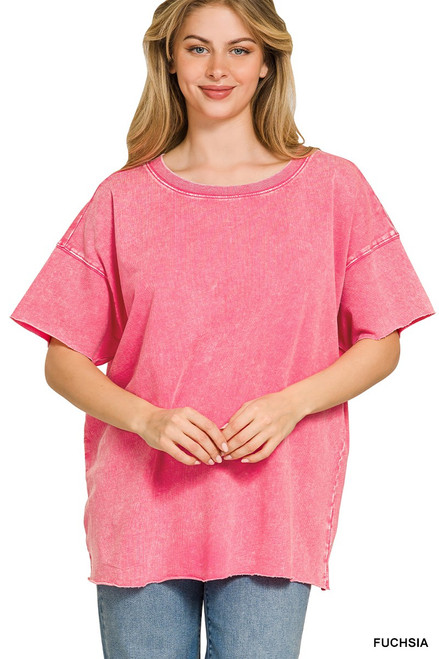 Fuchsia Acid Wash French Terry Top