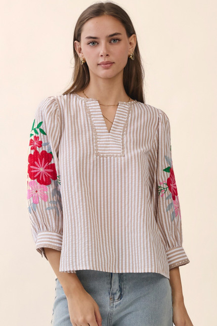 Taupe Stripe Floral Embroidered Blouse