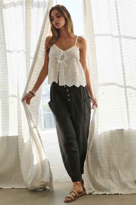 Washed Cotton Gauze Black Cropped Plus Pants