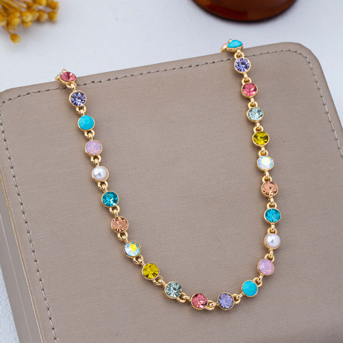 Multicolor Crystal & Pearl Station Necklace