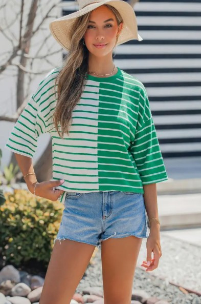 Green & White Colorblock Top