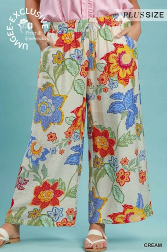 Cream Floral Print Wide Leg Plus Pants