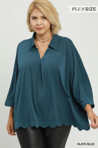 Slate Blue Scalloped Hem Plus Blouse