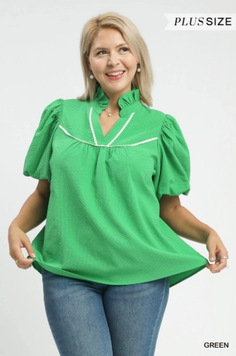 Green Textured Puff Sleeve Plus Blouse