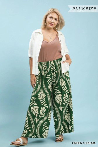 Green Tropical Leaf Print Wide Leg Plus Pants