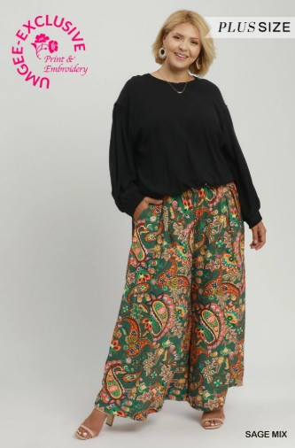 Sage Paisley Print Wide Leg Plus Pants