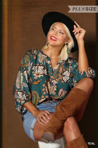 Teal Boho Paisley Puff Sleeve Plus Blouse