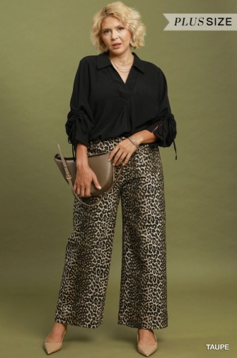 Taupe Leopard Print Wide Leg Plus Pants