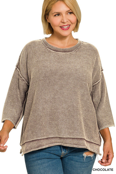 Chocolate Washed 3/4 Sleeve Plus Sweater
