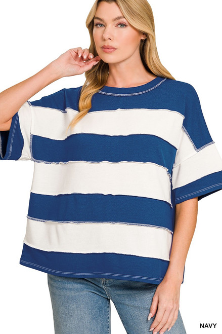 Royal Blue Stripe Raw Seam Top