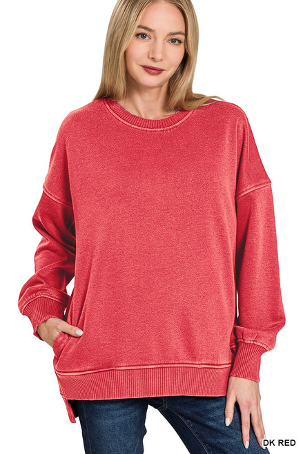 Dark Red Fleece Hi-low Hem Pullover