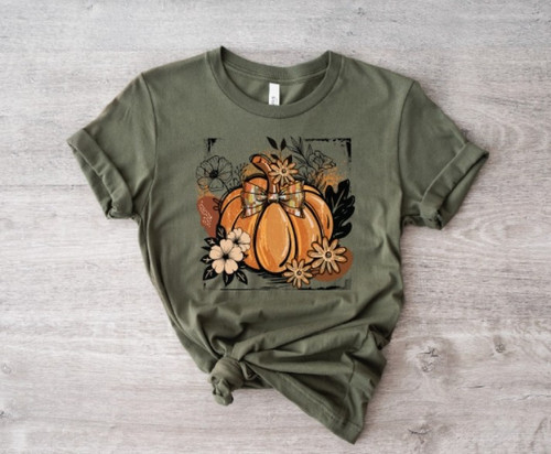 Floral Pumpkin Military Green Tee