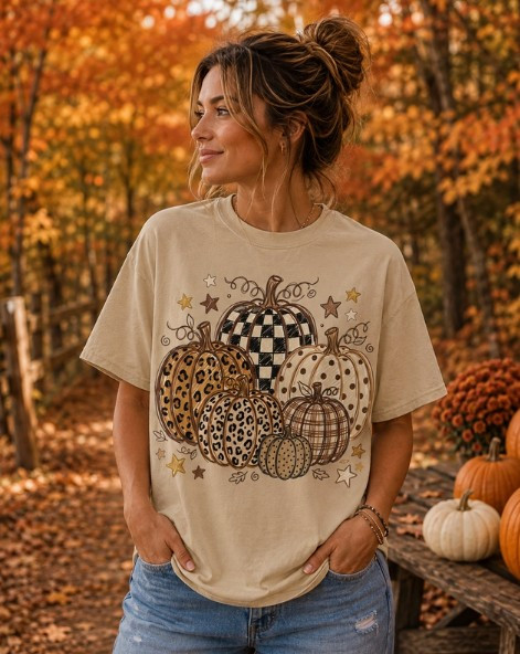 Multi Pattern Pumpkins Tan Tee
