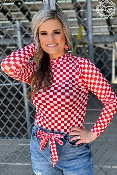 Pep Rally Red Checkered Mesh Top