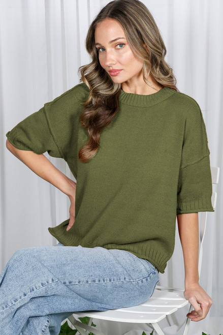 Olive Ribbed Hem Knit Sweater
