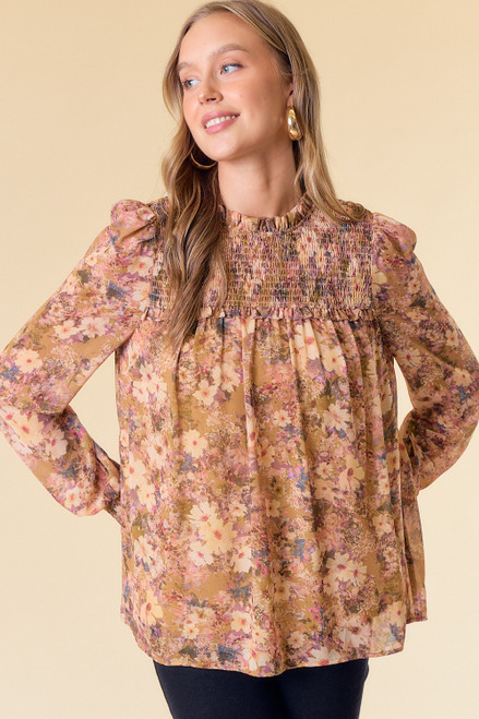 Golden Mustard Floral Smocked Blouse
