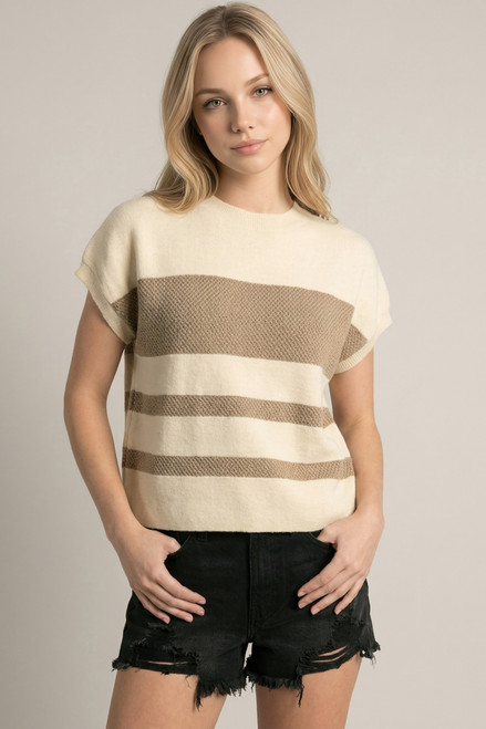 Cream Crewneck Striped Sweater Top