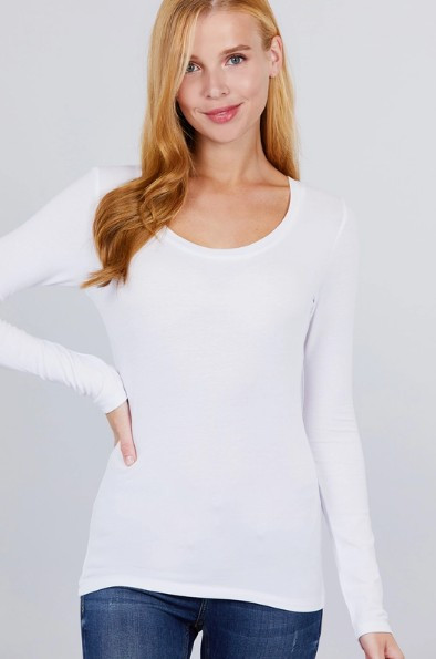 White Scoop Neck Long-sleeve Top