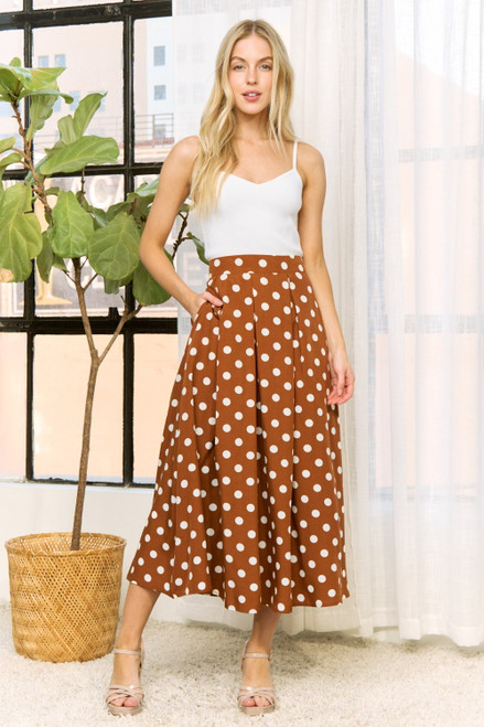 Brown Polka-dot Pleated Midi Skirt