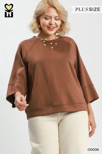 Umgee Cocoa 3/4 Raglan Sleeve Plus Top