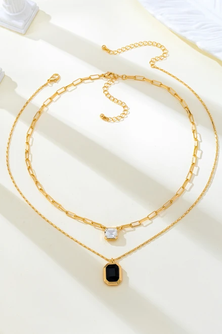 Layered Paperclip Chain Double Gemstone Necklace