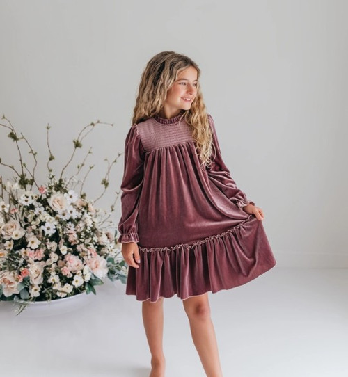 Girls' Dusty Rose Smocked Velvet Dress
