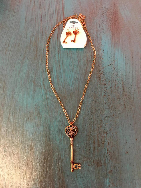 Brass Key Necklace & Earrings Set