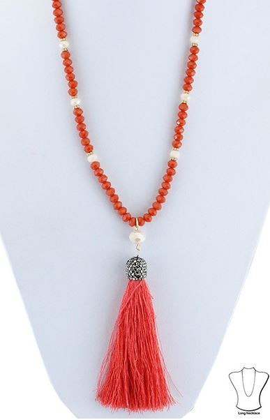 Coral Beaded Tassel Necklace