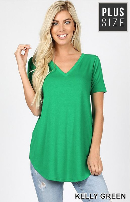 Kelly Green Vneck Round Hem Plus Top