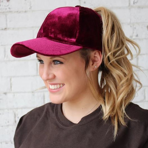 CC Burgundy Velvet Ponytail Cap