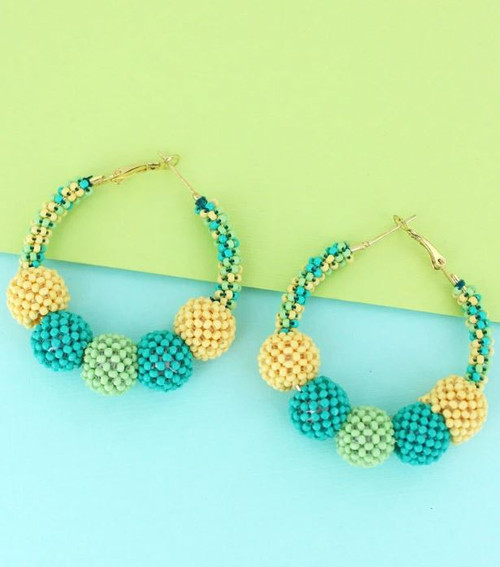 Turquoise Seed Bead Pom Earrings