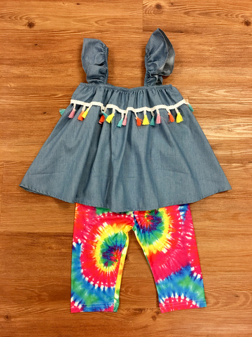 Rainbow Pom Top & Tie Dye Capris