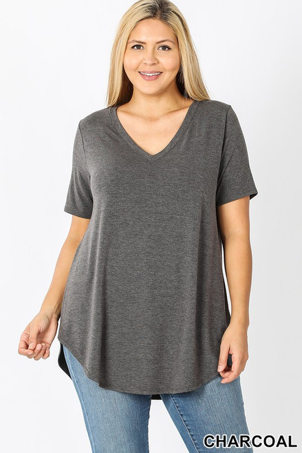 Charcoal Vneck Round Hem Plus Top