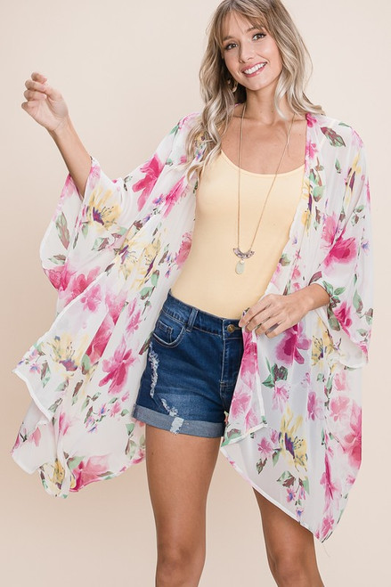 White Floral Print Kimono