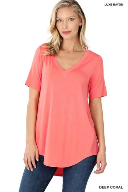 Deep Coral Vneck Hi-low Hem Top