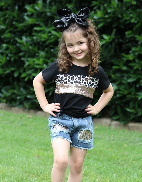 Girls' Black Leopard Sequin Top