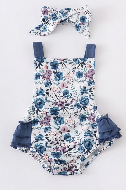 Infant Girls' Blue Floral Ruffled Romper & Headtie