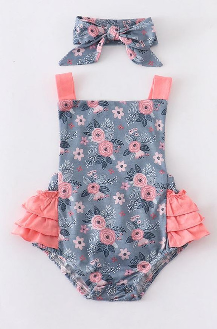 Infant Girls' Grey & Pink Floral Romper & Headtie