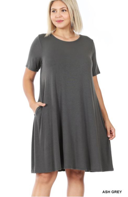 Ash Grey Short-sleeve Plus Flare Dress