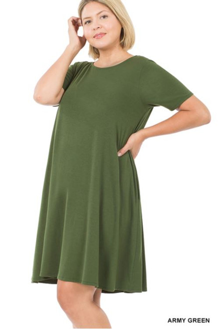Army Green Short-sleeve Plus Flare Dress