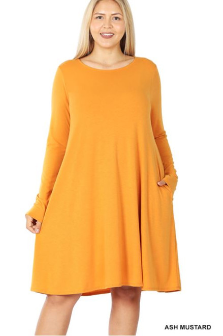 Ash Mustard Long-sleeve Plus Flare Dress