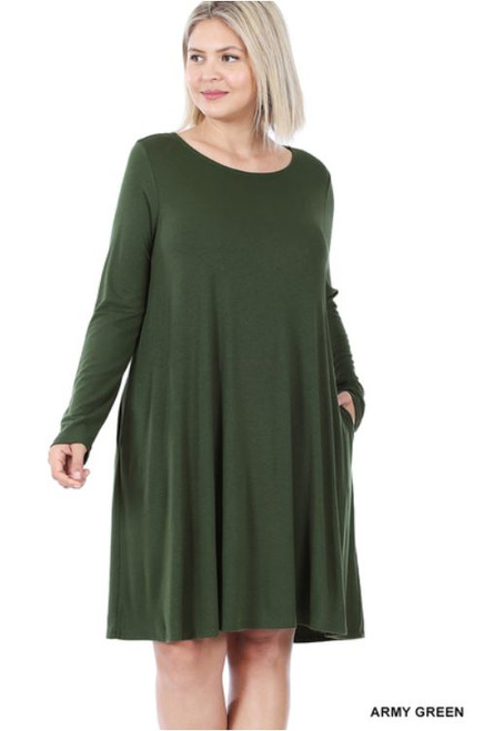 Army Green Long-sleeve Plus Flare Dress